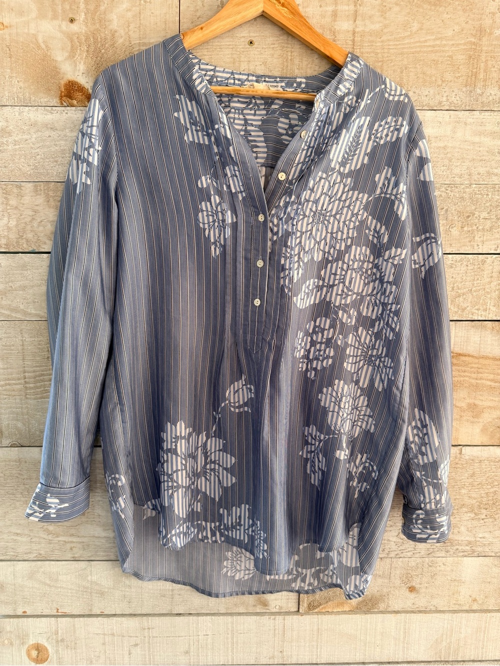 Jane and Delancey Blue and White Floral Stripe Henley Blouse